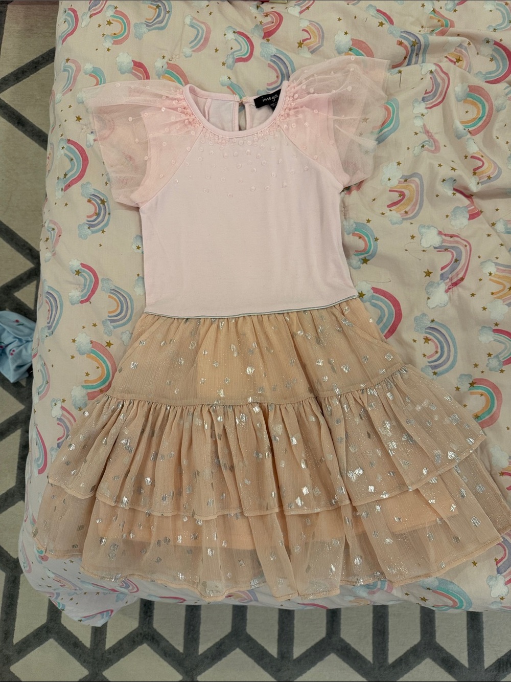 Imoga Girls Sparkle Tulle Tiered Dress - Pink & Champagne